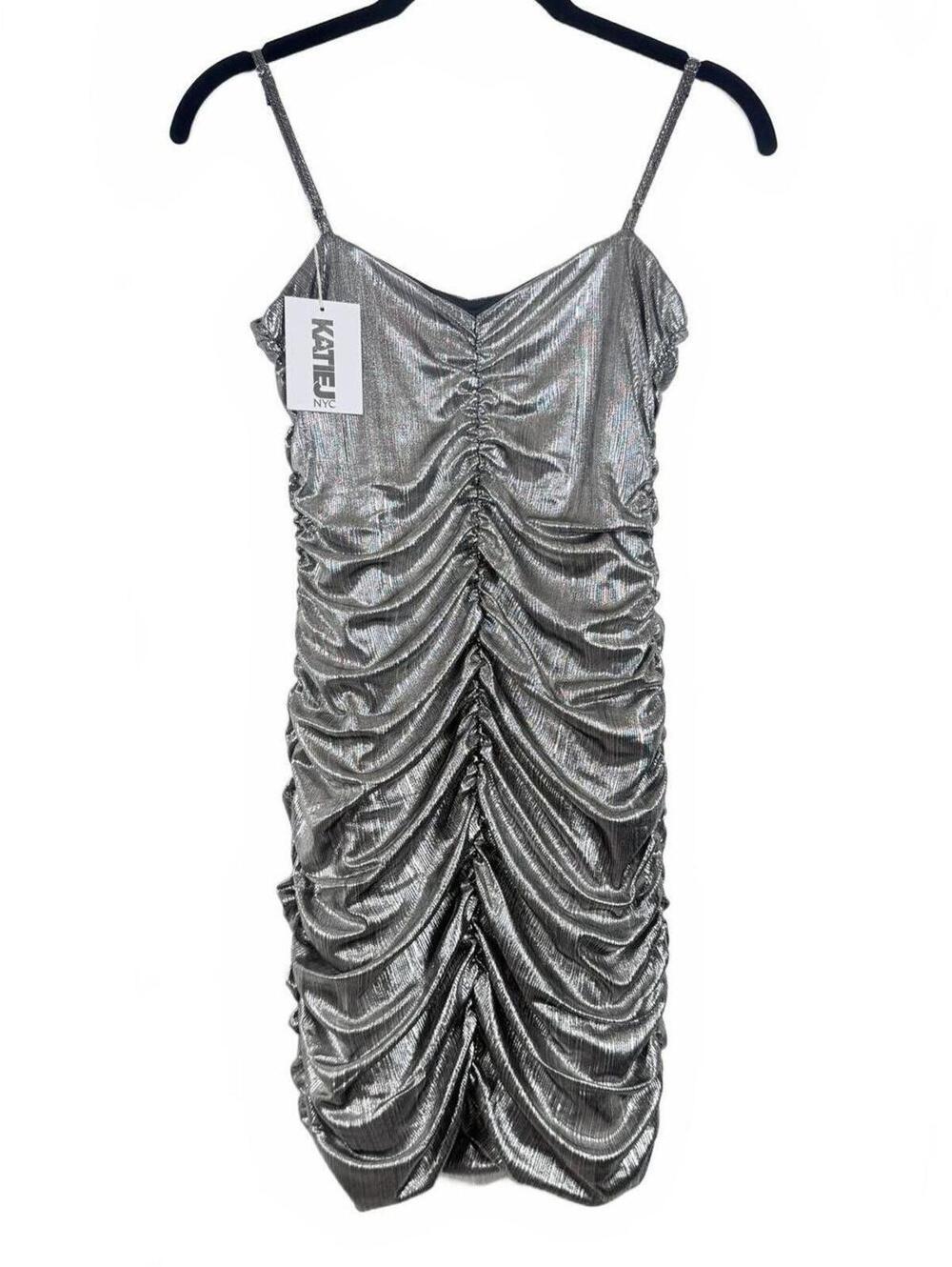NEW Katie J NYC Roxy‎ Silver Ruched Bodycon Mini Dress Spaghetti Strap Girls XL